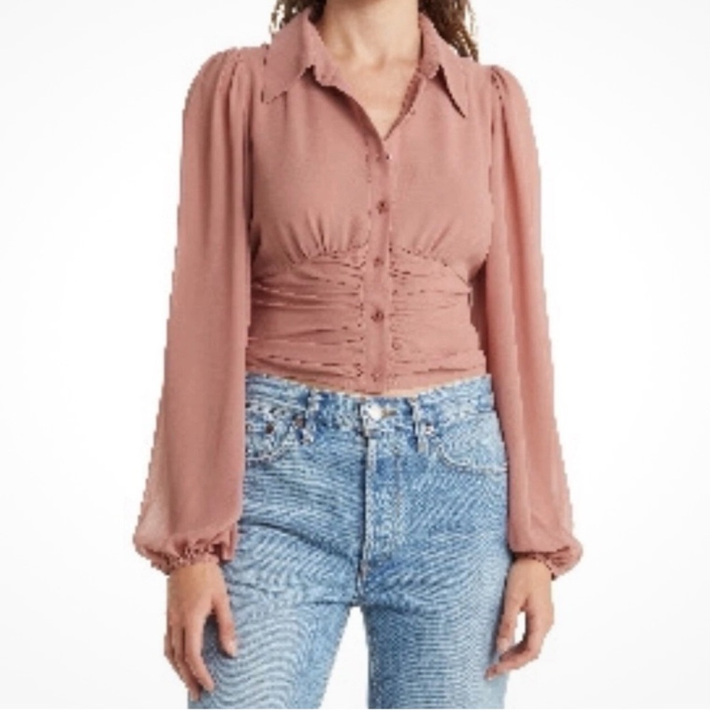 Astr Rose-Pink Ruched Button-Front Long Sleeve Blouse